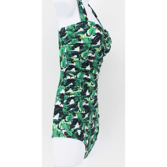 Swimsuit Vintage Style One Piece Halter with Green/Black Palm Print Size Small - Picture 4 of 9
